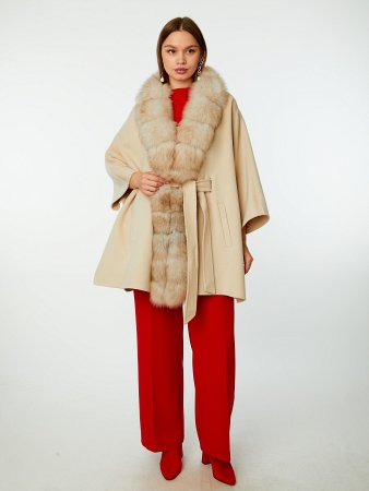 Пальто-пончо из кашемира с отделкой мехом песца