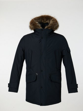 Удлиненный пуховик с капюшоном и отделкой енота