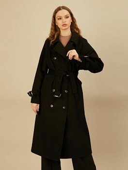 Двубортное пальто с отложным воротником и поясом