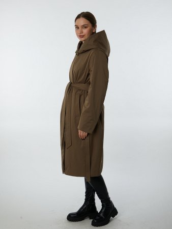 Утепленный плащ с капюшоном и поясом