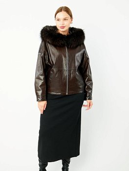 Укороченная куртка из натуральной кожи с капюшоном и съёмным мехом лисицы