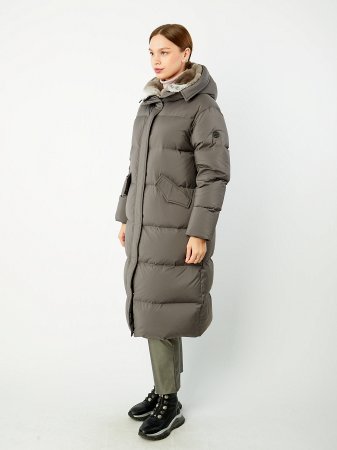 Удлиненный пуховик с капюшоном и съемным мехом кролика