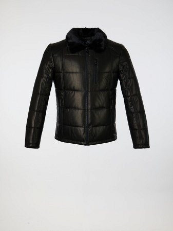 Кожаный пуховик с воротником из норки