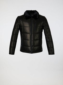 Кожаный пуховик с воротником из норки