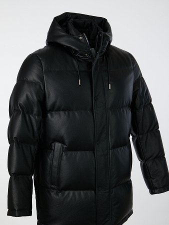 Удлиненный кожаный пуховик с капюшоном 