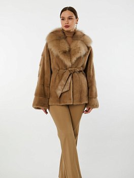 Укороченная шуба из меха норки и отделкой мехом песца