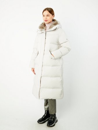 Удлиненный пуховик с капюшоном и съемным мехом кролика