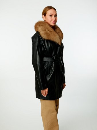 Полупальто из натуральной кожи с воротником апаш и съёмным мехом песца