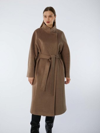 Пальто полушерстяное удлинённое с воротником-стойкой и поясом