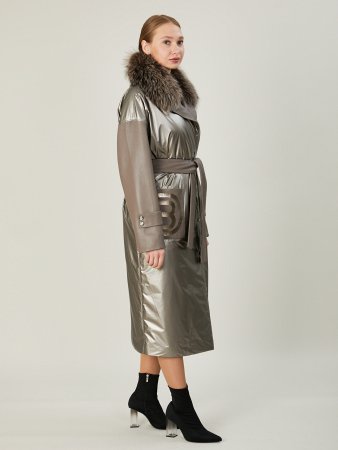 Комбинированное пальто из текстиля и кожи со съёмным воротником из лисицы