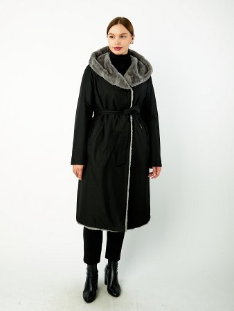Двустороннее зимнее пальто с капюшоном и поясом