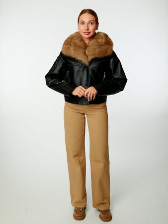 Укороченная куртка из натуральной кожи с воротником апаш и съёмным мехом песца