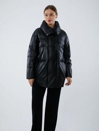 Удлиненная куртка из натуральной кожи на пуху