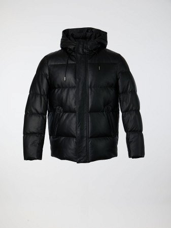 Кожаный пуховик с капюшоном