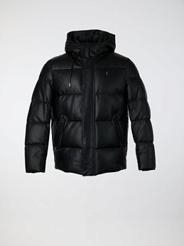 Кожаный пуховик с капюшоном