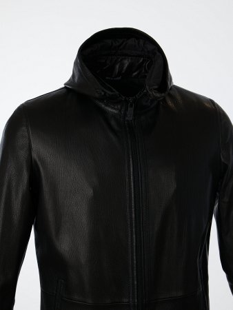 Полупальто мужское из натуральной кожи с капюшоном