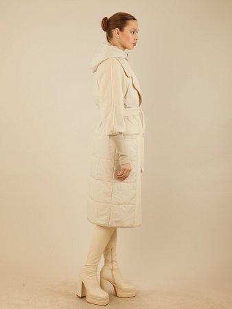 Комбинированное двубортное пальто с капюшоном