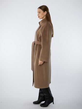Пальто полушерстяное удлинённое с воротником-стойкой и поясом