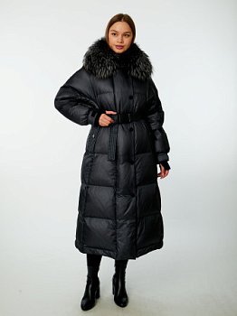 Длинный пуховик с отделкой мехом лисицы