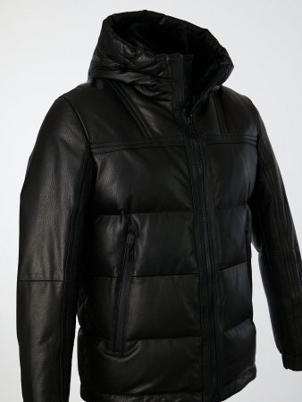 Кожаный пуховик с капюшоном