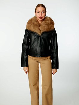 Укороченная куртка из натуральной кожи с воротником апаш и съёмным мехом песца