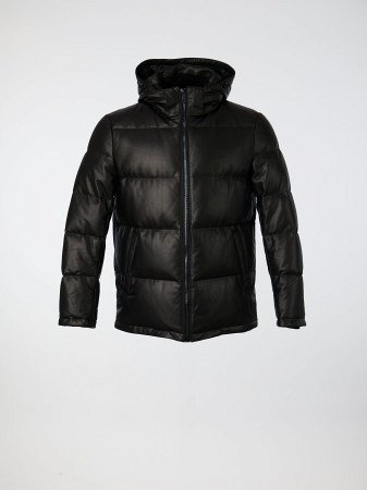 Кожаный пуховик с капюшоном 