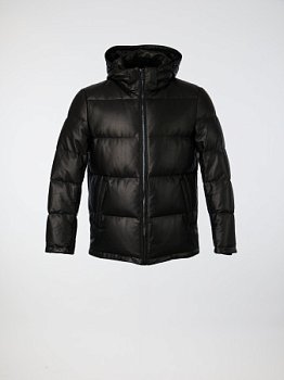 Кожаный пуховик с капюшоном 