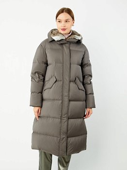 Удлиненный пуховик с капюшоном и съемным мехом кролика
