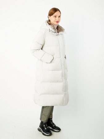 Удлиненный пуховик с капюшоном и съемным мехом кролика