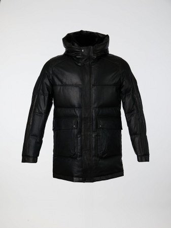Удлиненный кожаный пуховик с капюшоном