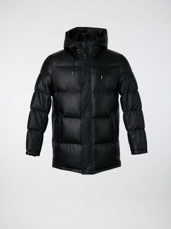 Удлиненный кожаный пуховик с капюшоном 