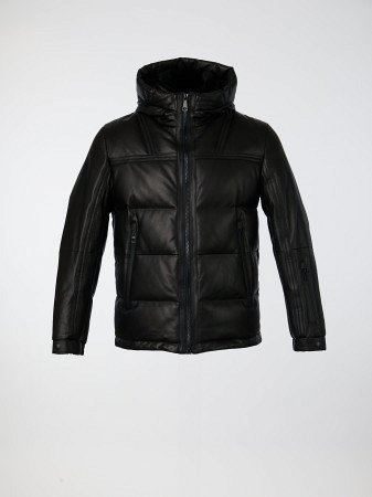 Кожаный пуховик с капюшоном
