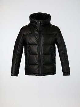 Кожаный пуховик с капюшоном