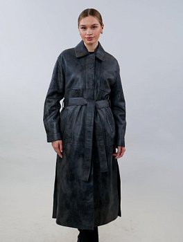 Плащ из кожи с отложным воротником и поясом