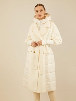 Комбинированное двубортное пальто с капюшоном