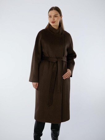 Пальто полушерстяное удлинённое с воротником-стойкой и поясом