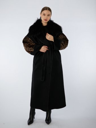 Демисезонное пальто со съемным мехом лисы и комбинированное кожей