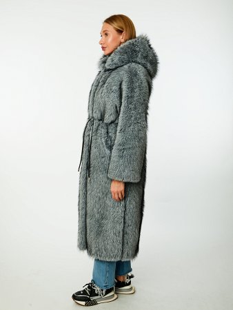 Длинная шуба из экомеха с капюшоном