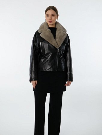 Утепленная косуха из натуральной кожи с отделкой мехом норки