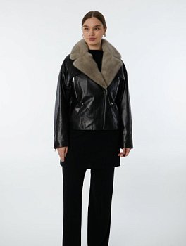 Утепленная косуха из натуральной кожи с отделкой мехом норки