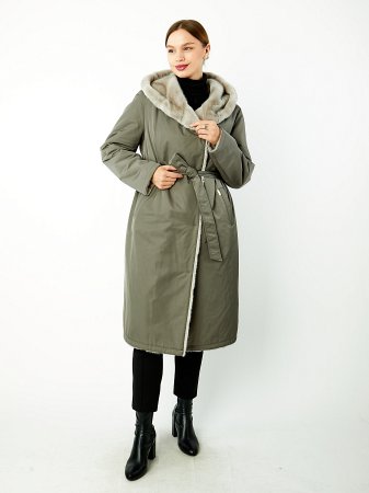 Двустороннее зимнее пальто с капюшоном и поясом