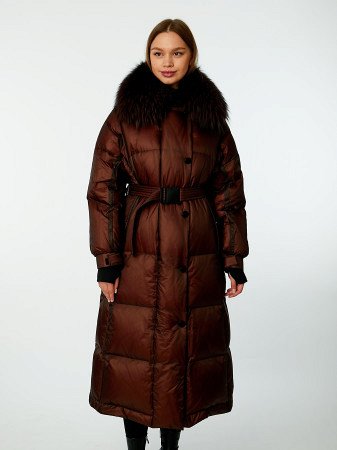 Длинный пуховик с отделкой мехом лисицы