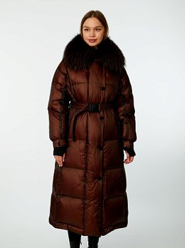 Длинный пуховик с отделкой мехом лисицы