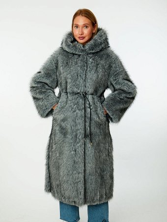 Длинная шуба из экомеха с капюшоном