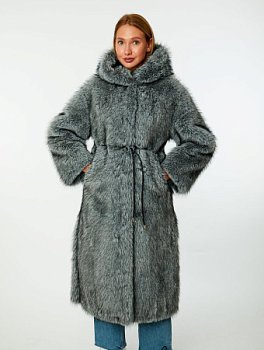 Длинная шуба из экомеха с капюшоном