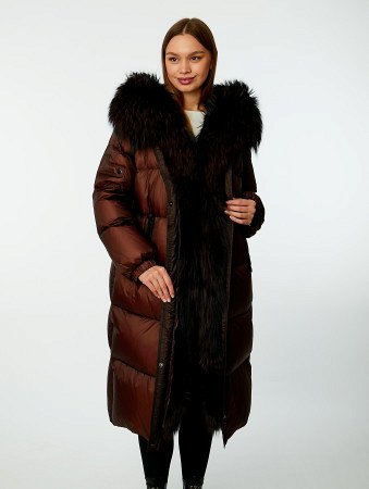 Длинный пуховик с капюшоном и отделкой мехом лисицы