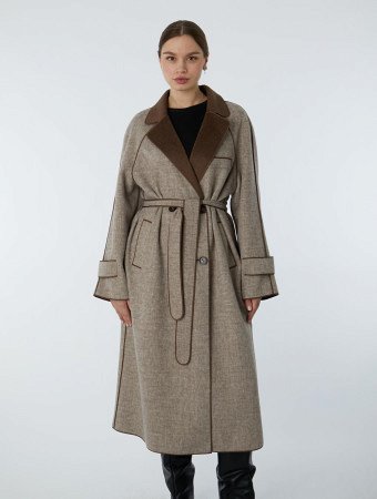 Двубортное пальто без подклада с поясом