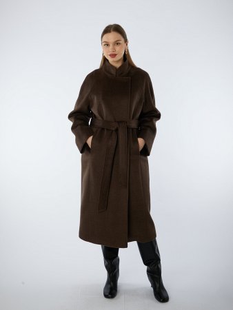 Пальто полушерстяное удлинённое с воротником-стойкой и поясом