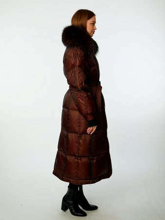 Длинный пуховик с отделкой мехом лисицы