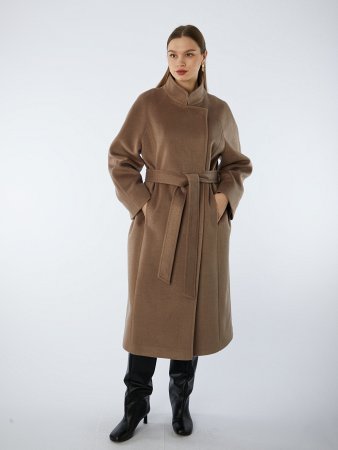 Пальто полушерстяное удлинённое с воротником-стойкой и поясом